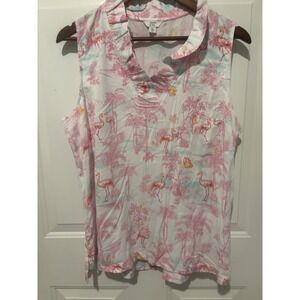 Crown & Ivy Shirt Tank Sleeveless Pink Blue Ruffle Flamingo Palm‎ XL Pull Over